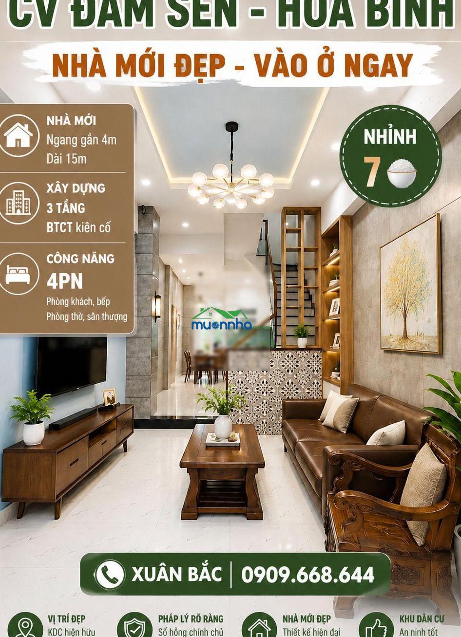 Cv đam sen - hòa bình nhà mới 3 tầng btct với 3pn (phb)