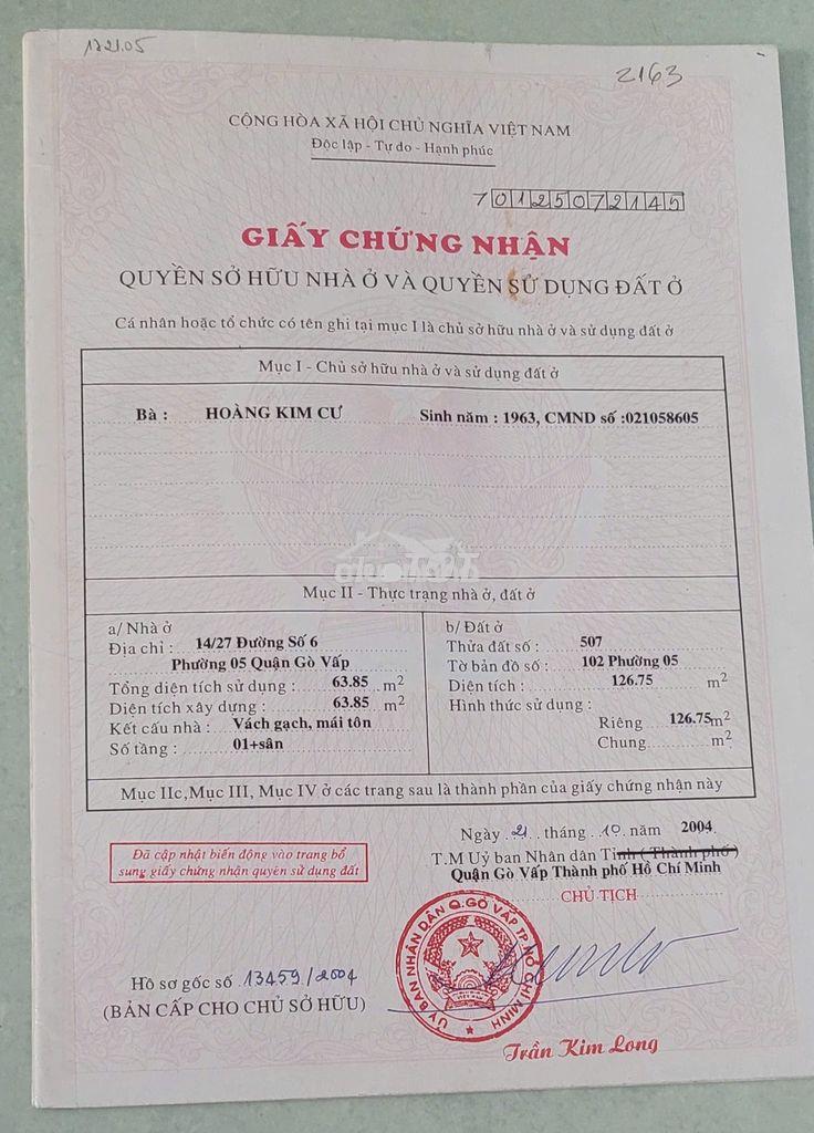Bán nhà chính chủ -dqh - p 5 - q. gò vấp - tp.hcm