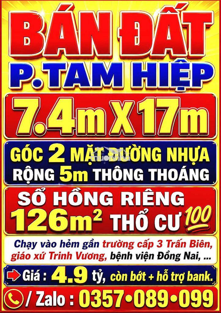 Bán đất p.tam hiệp, góc 2 mặt đường nhựa rộng 5m, sổ hồng 126m2 thổ cư
