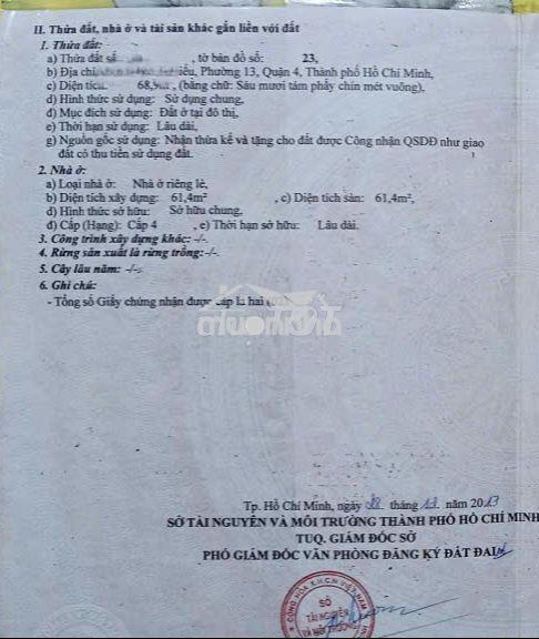 MUA BÁN NHÀ QUẬN 4, 69M2 ĐẤT, NGANG HƠN 4M, HẺM THÔNG GẦN MẶT TIỀN.